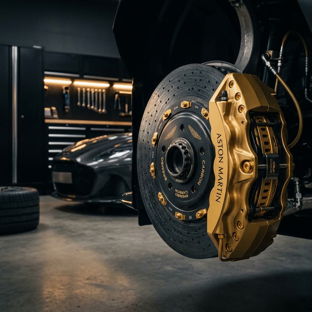 Premium carbon-ceramic brake caliper and rotor close-up