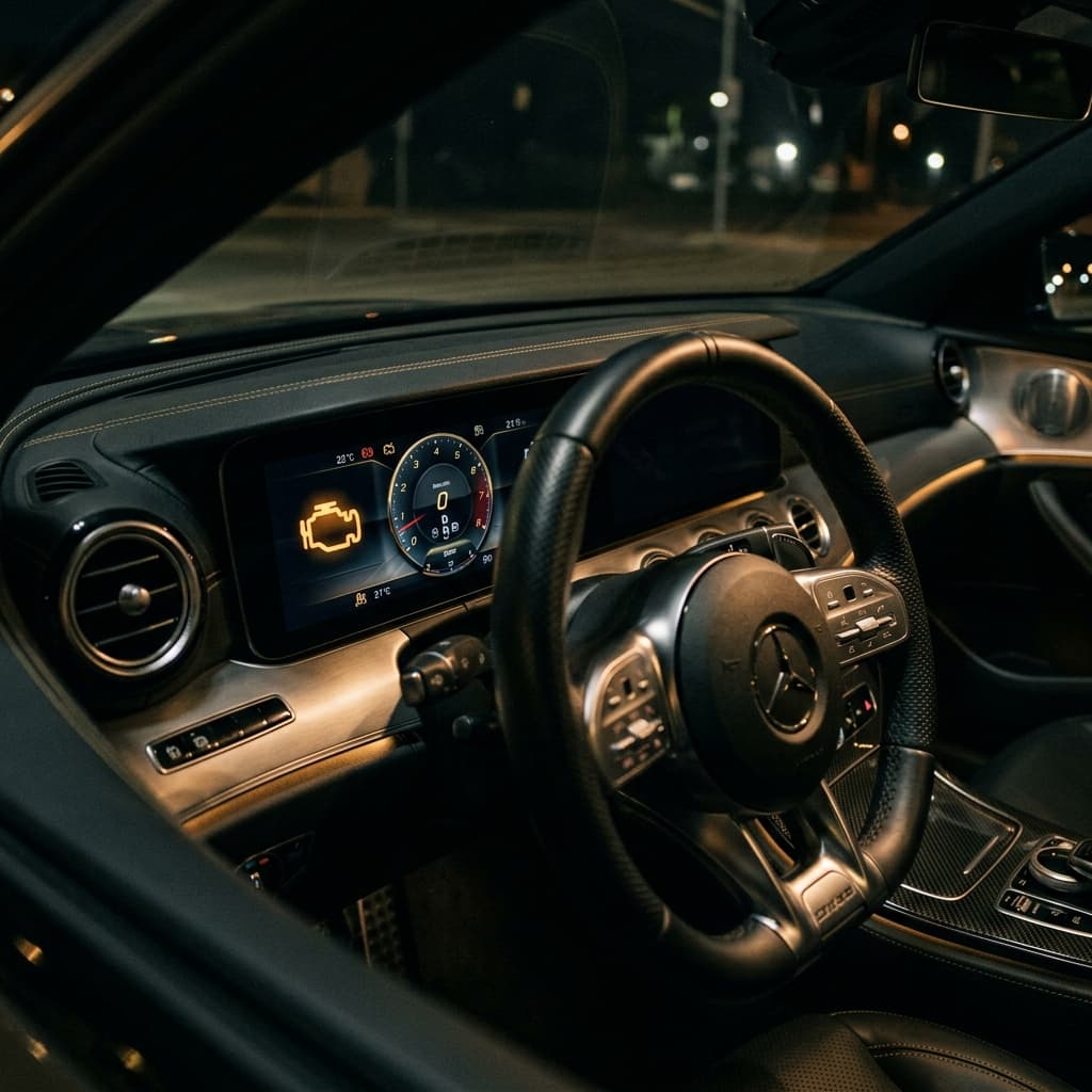 Luxury car dashboard with a glowing gold check engine warning light