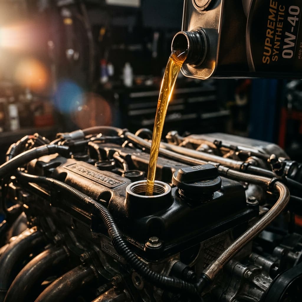 Pouring amber golden engine oil into a high-performance engine block
