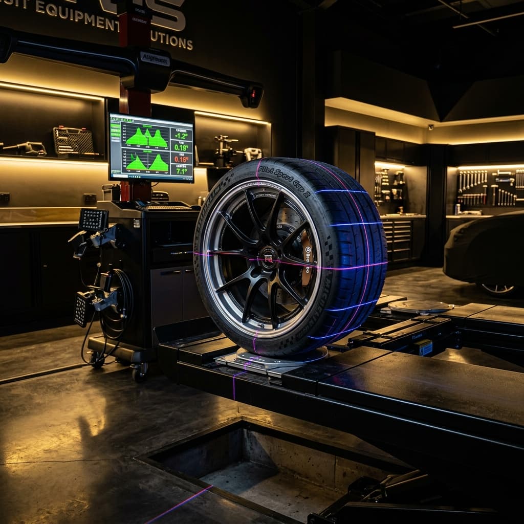 Sports car wheel on a high-tech wheel alignment lift with neon laser lines