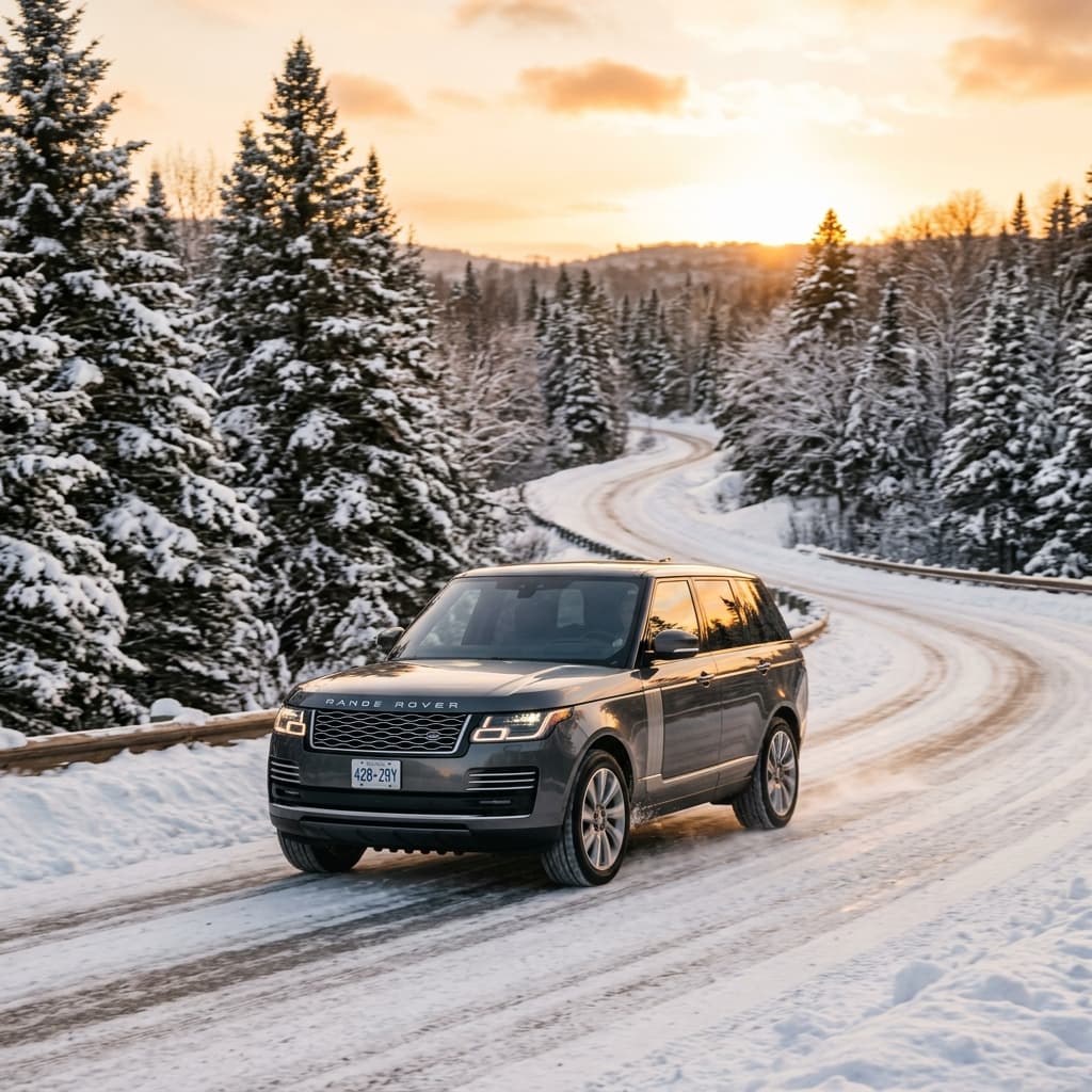 Luxury dark SUV driving on a scenic snowy road in Ontario during golden hour