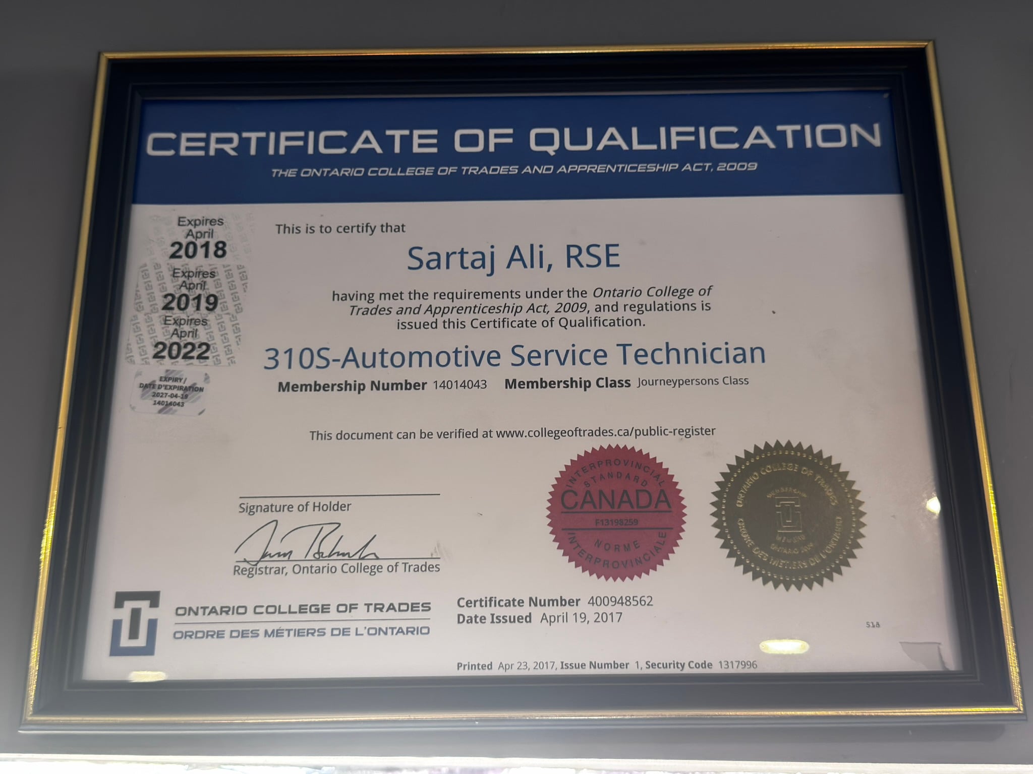 Certificate of Qualification (Red Seal Endorsed)