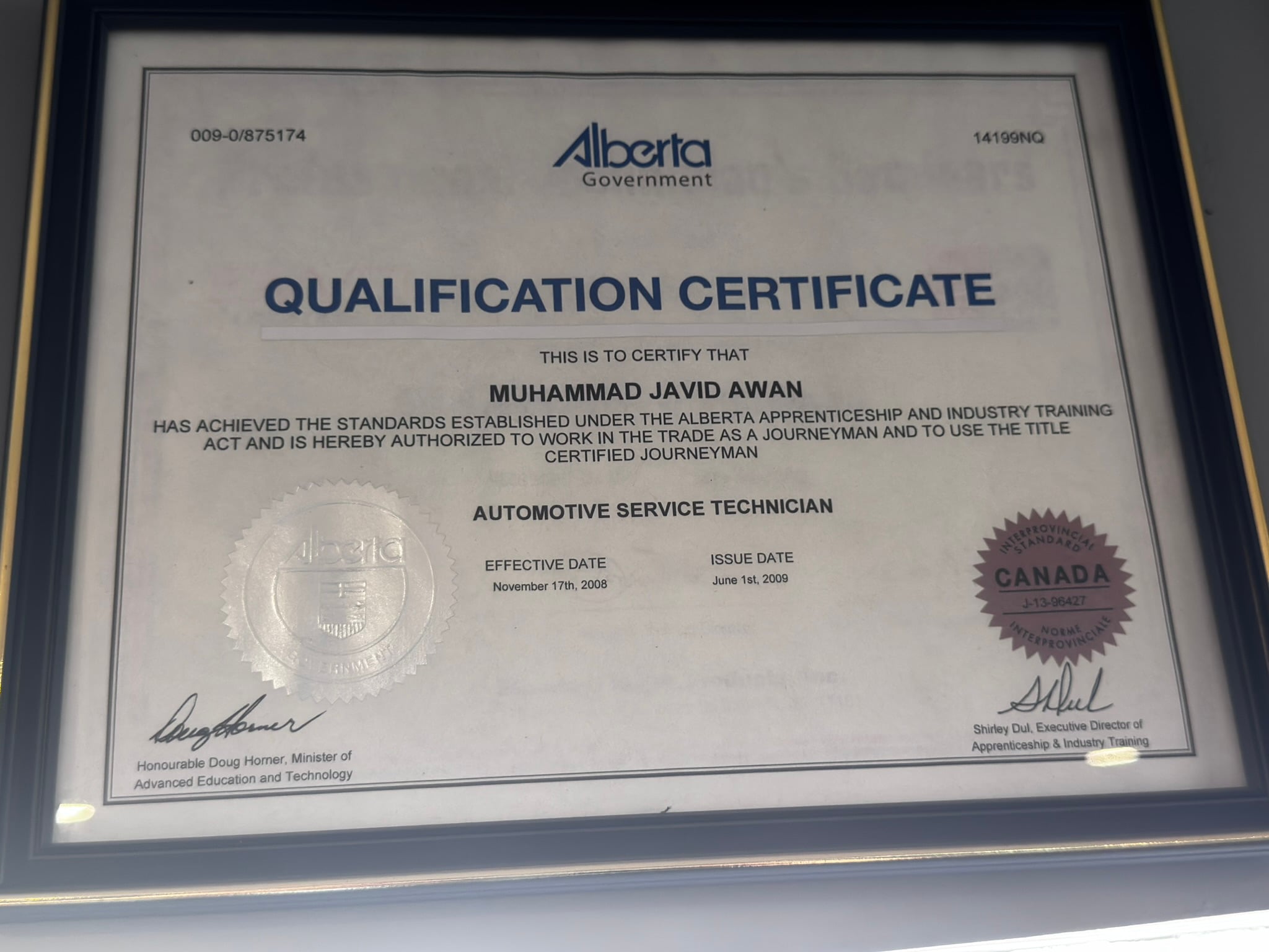 Qualification Certificate (Journeyman - Red Seal)