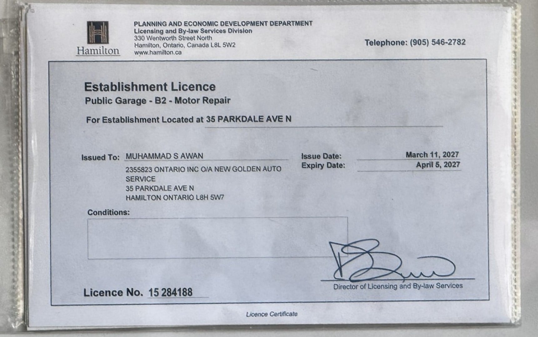 Establishment Licence (Public Garage - B2 - Motor Repair)